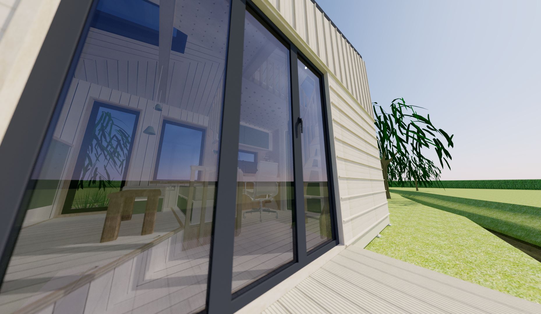 The large 3-leaf bi-fold door not only lets in a ton of natural light, but it also helps make the space inside larger.