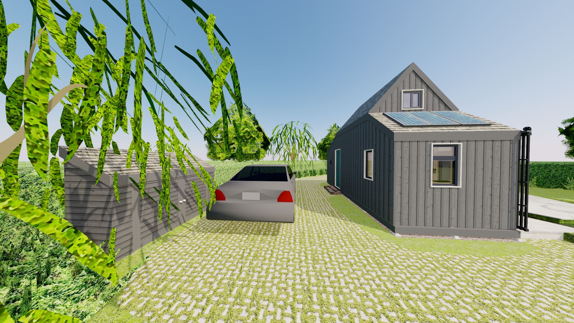 The low-key parking also provides a subtle path to the rear of the property; where a small standalone bike shed can be seen next to the electric car.