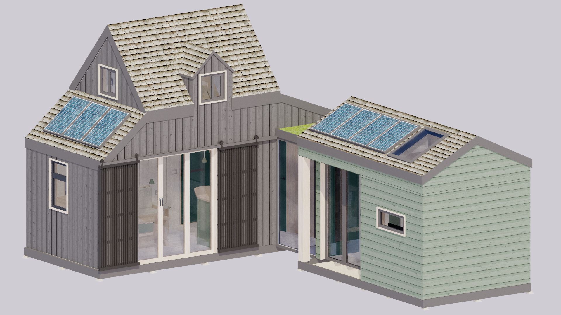 An isometric view of the tiny house and annexe without the scenery in place.