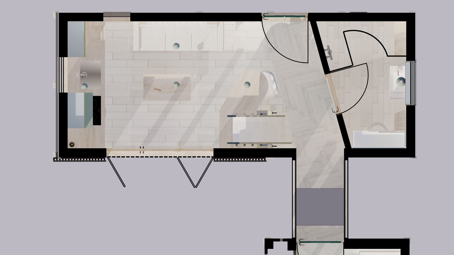 A plan view of the ground floor of the tiny house.