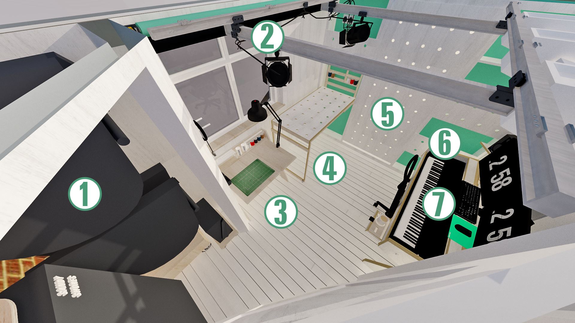 An overview, showing how the main features fit into the small space. 1 - Layout Storage/Machine Room, 2 - Lighting Gantry, 3 - Modelmaking Desk, 4 - Modelmaking/Photography Bench, 5 - Drop-down Bed or Tool Rack, 6 - Shelving and Storage, 7 - Composer's Desk.