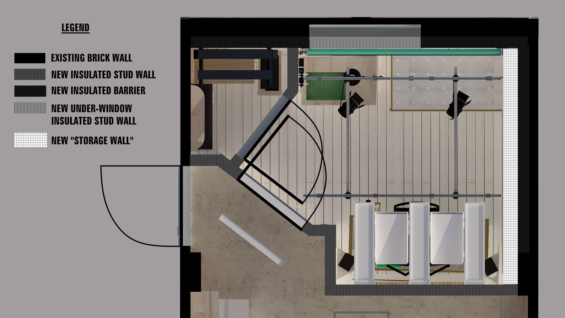The floorplan shows how much studio space is lost thanks to the existing entry door (that cannot be moved).