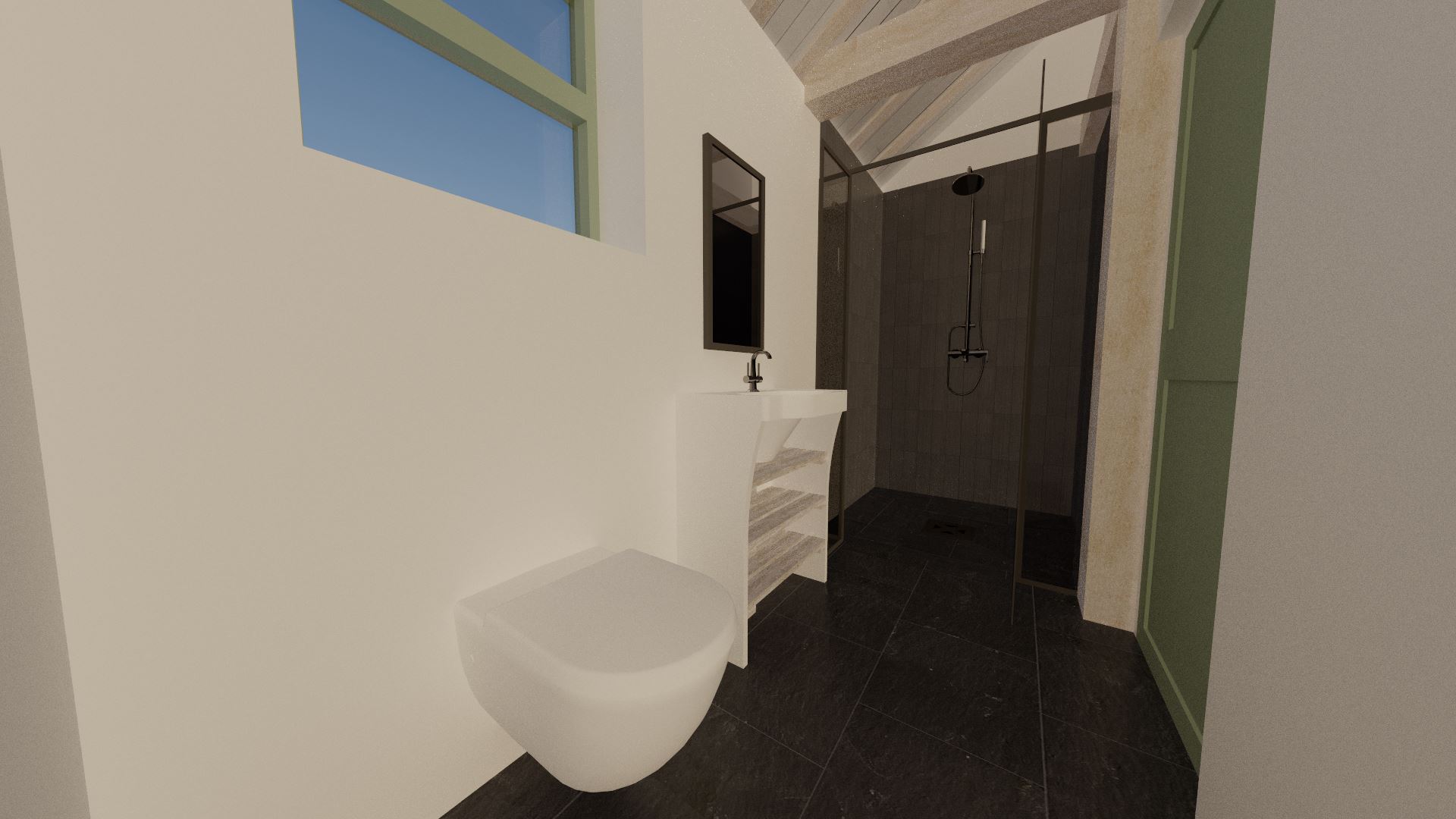 A close up of the floor and toilet in the wetroom. Very sleek!
