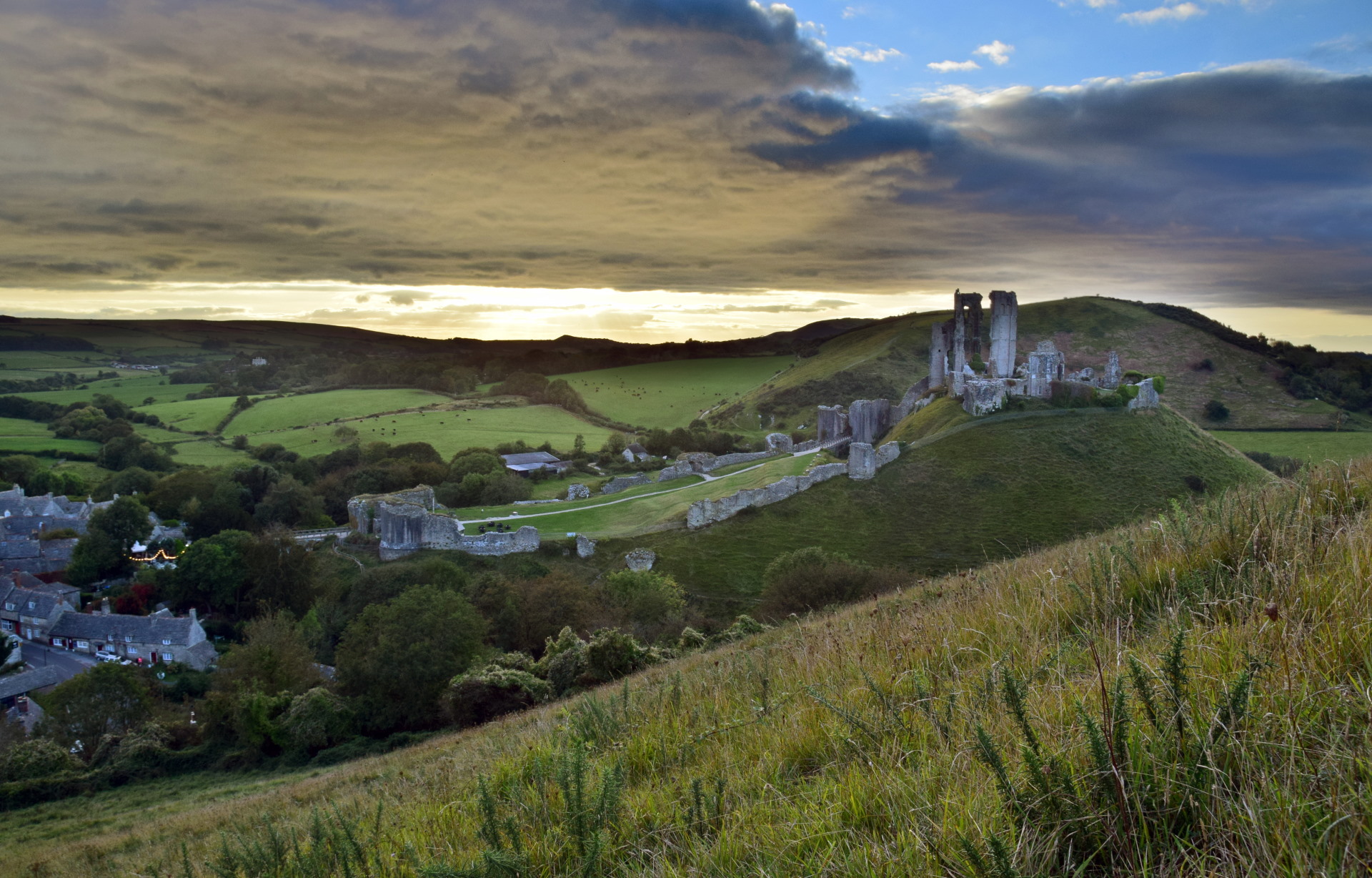 Sunset behind Corfe Castle.
